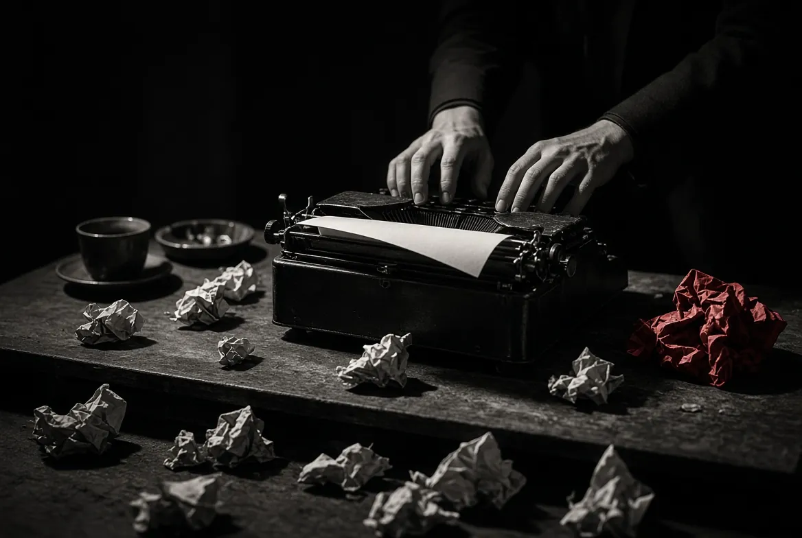 Las manos de un guionista escriben en una máquina de escribir antigua, rodeada de hojas arrugadas, una de ellas roja, junto a una taza y un cenicero.
