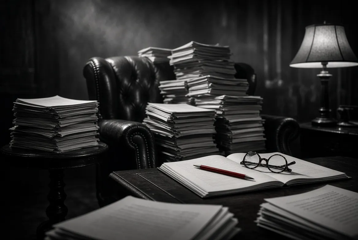 Pilas de guiones sobre un sillón de piel en una sala de lectura y, en primer plano, un guion abierto con un lápiz rojo y unos lentes.