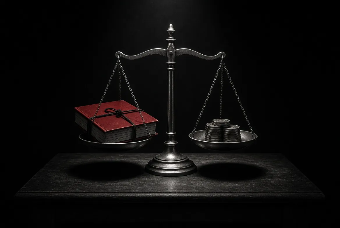 Una balanza antigua en equilibrio: en un platillo, un guion de portada roja atado con cordel; en el otro, una pila de monedas.