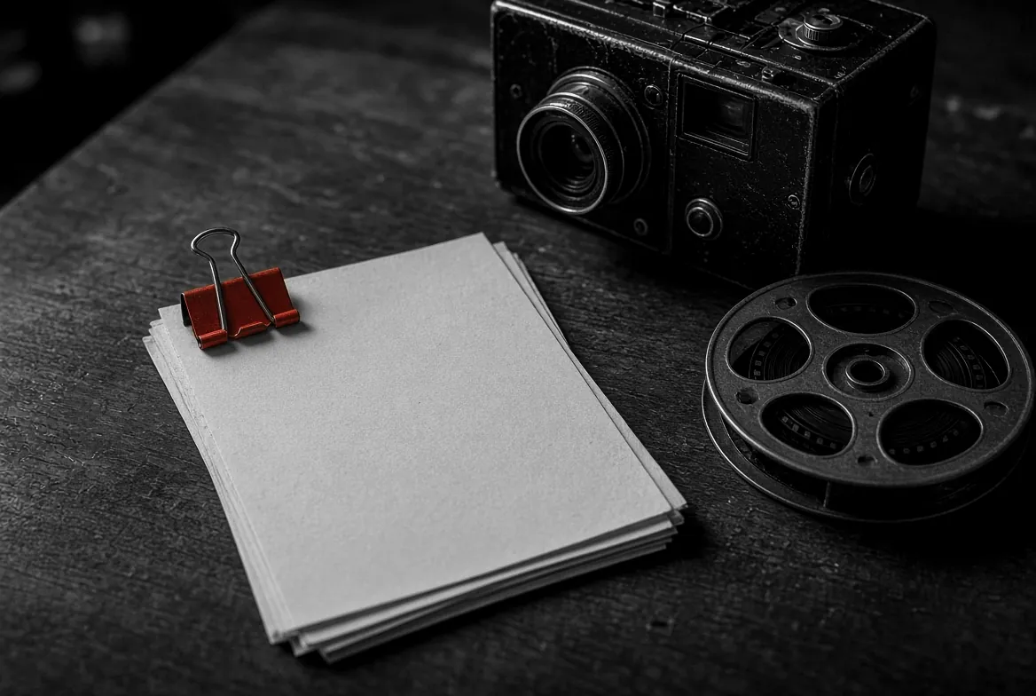 Unas pocas hojas sujetas con un broche rojo sobre una mesa de madera, junto a una cámara de cine antigua y un carrete de película.