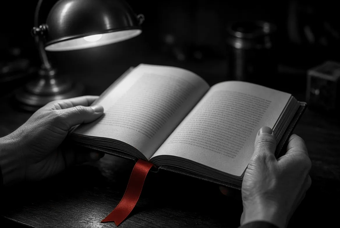 Unas manos sostienen un guion encuadernado y abierto bajo una lámpara de escritorio de latón, con un listón rojo de separador que cuelga entre las páginas.