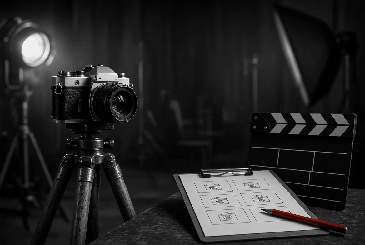 Una cámara antigua sobre un tripié de madera junto a una tablilla con una lista de planos dibujada en cuadros, un lápiz rojo y una claqueta, en un foro con un reflector encendido.