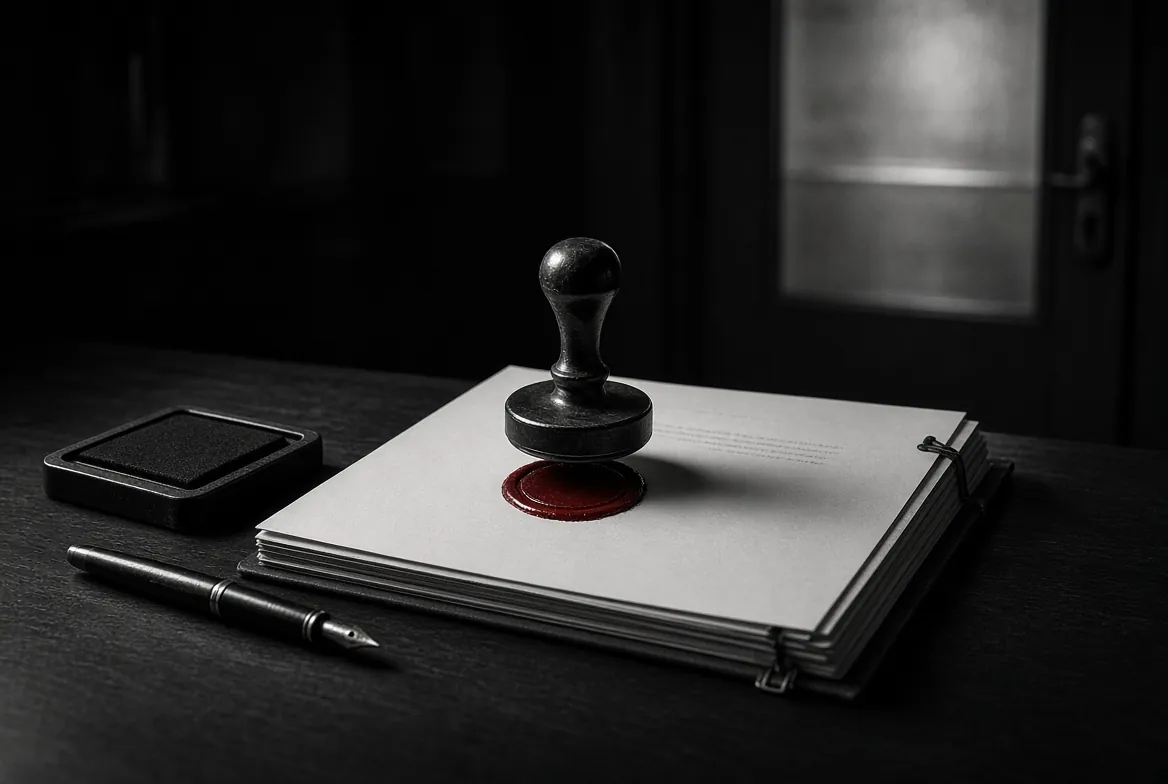 Un sello de goma antiguo deja una marca roja sobre un documento, encima de un guion encuadernado, junto a un cojín de tinta y una pluma fuente.