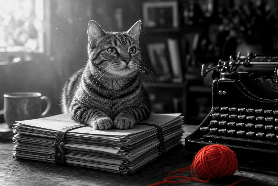 Un gato atigrado echado sobre una pila de guiones atados, junto a una máquina de escribir antigua y un ovillo de estambre rojo.