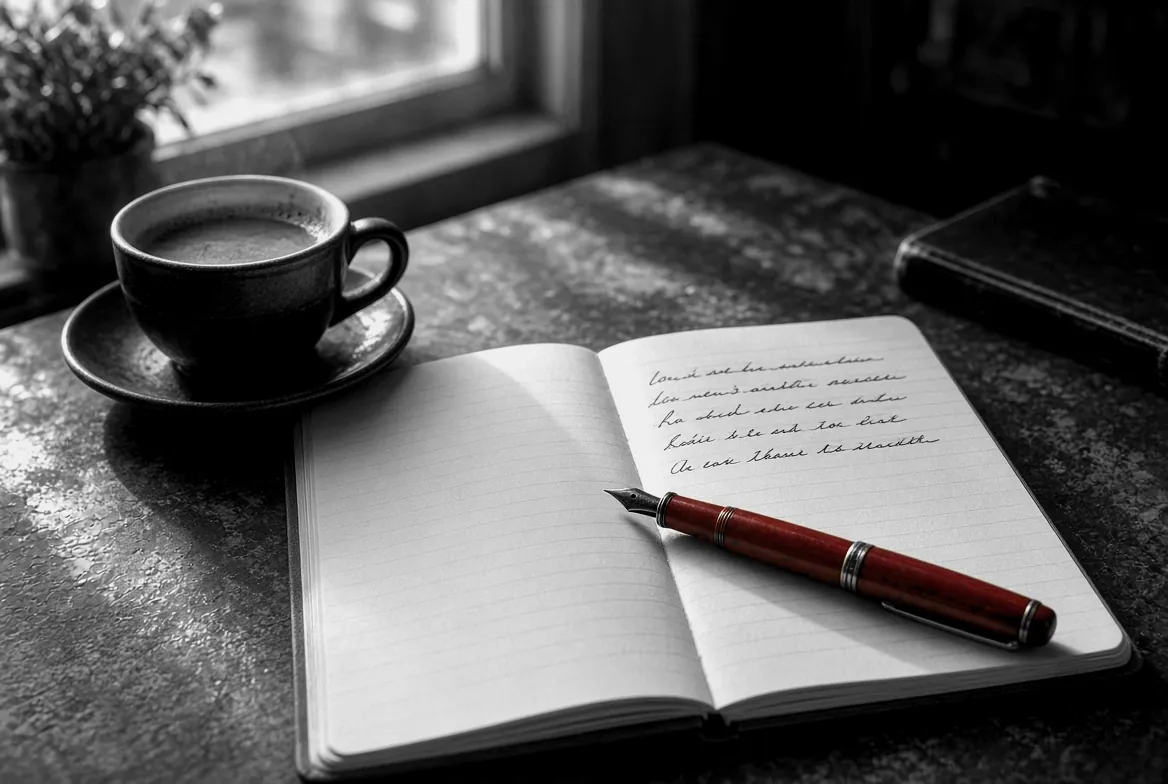 Una libreta abierta sobre una mesa de café, con cinco líneas escritas a mano y una pluma fuente roja encima, junto a una taza y una ventana.