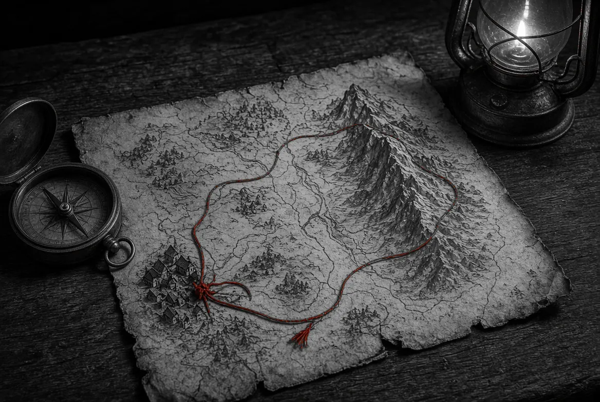 Un mapa antiguo sobre una mesa de madera, con un hilo rojo que sale de un pueblo, rodea una montaña y regresa, junto a una brújula de latón y una lámpara de aceite encendida.
