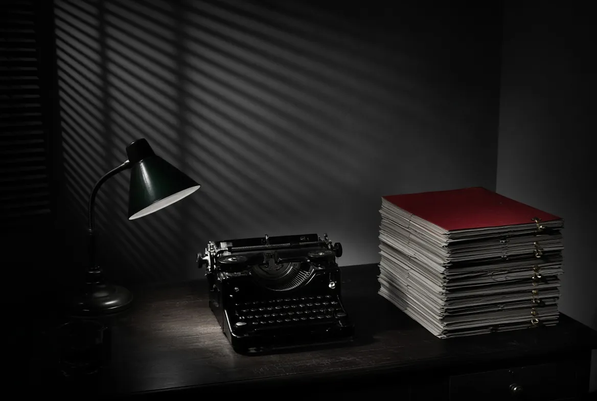 Un escritorio de noche con una máquina de escribir antigua, una lámpara y una pila de guiones encuadernados, el de arriba con portada roja, bajo la sombra de una persiana.