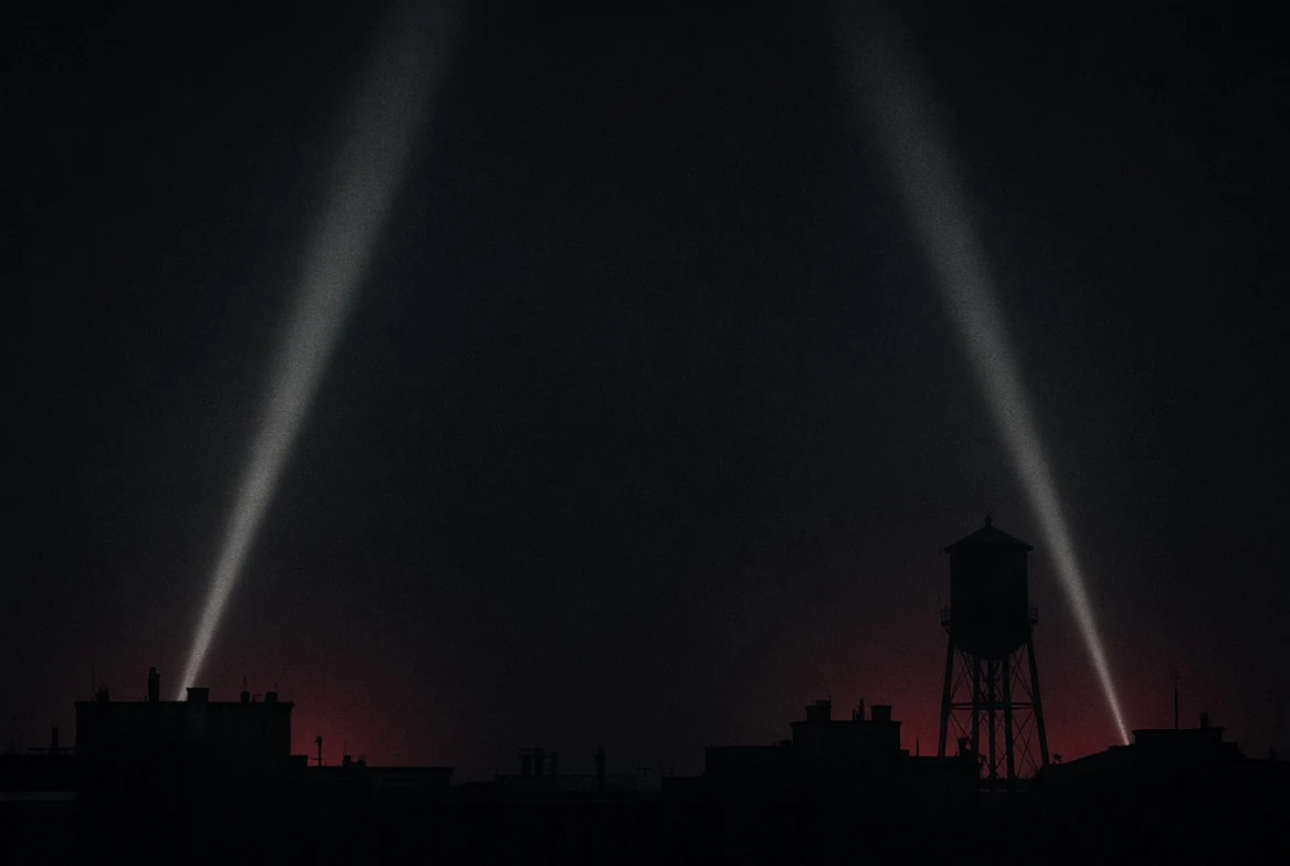 Dos reflectores cruzan el cielo nocturno sobre los techos de un estudio de cine y su torre de agua.